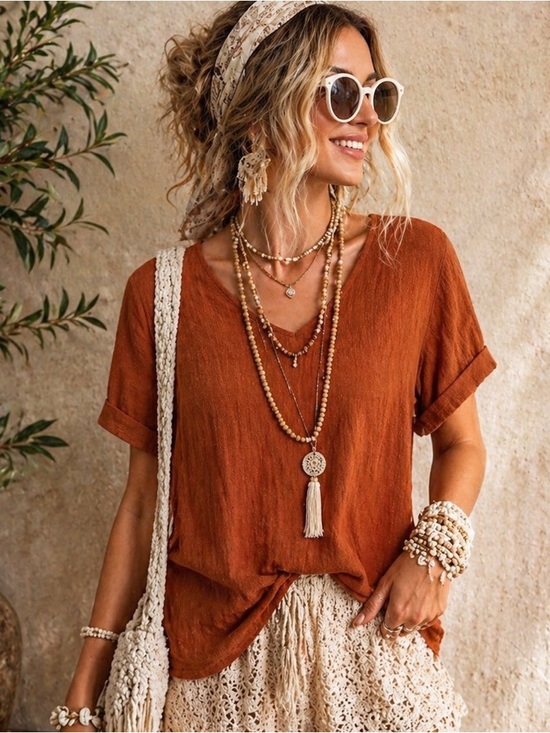 zenana Tops - Zenana Rust 100% Cotton Crop Top Boho Cottagecore Gauze Tee Summer Festival